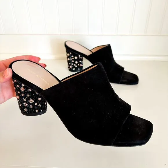 Stuart Weitzman Suede Crystal Embellished Block Heel Mule Sandals Black
