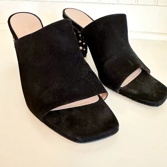 Stuart Weitzman Suede Crystal Embellished Block Heel Mule Sandals Black