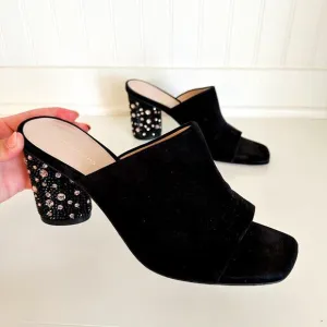 Stuart Weitzman Suede Crystal Embellished Block Heel Mule Sandals Black