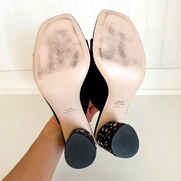 Stuart Weitzman Suede Crystal Embellished Block Heel Mule Sandals Black