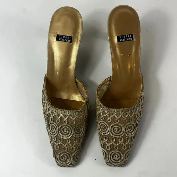 Stuart Weitzman Womens 8B Shoes Heels Slip-On Mules Formal Lacework Brown Gold
