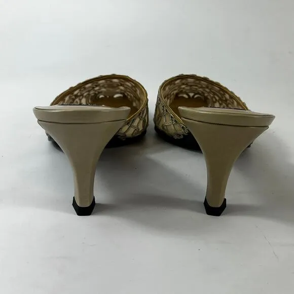 Stuart Weitzman Womens 8B Shoes Heels Slip-On Mules Formal Lacework Brown Gold