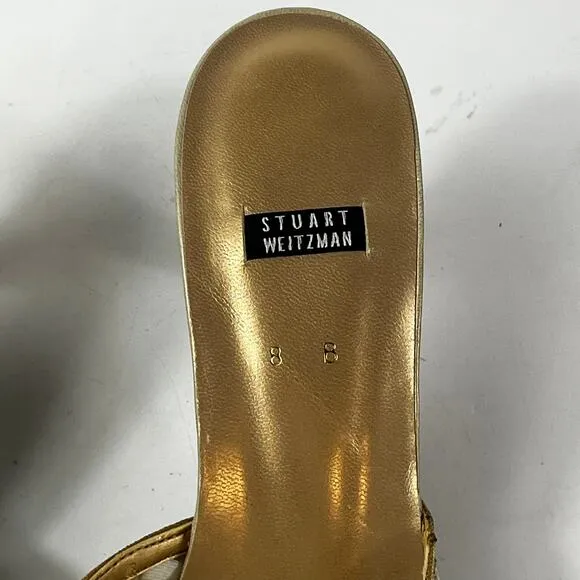 Stuart Weitzman Womens 8B Shoes Heels Slip-On Mules Formal Lacework Brown Gold