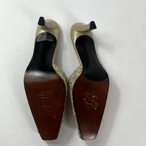 Stuart Weitzman Womens 8B Shoes Heels Slip-On Mules Formal Lacework Brown Gold