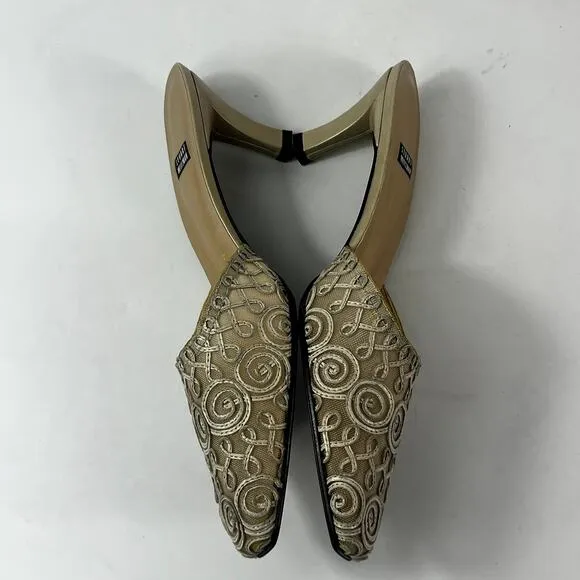 Stuart Weitzman Womens 8B Shoes Heels Slip-On Mules Formal Lacework Brown Gold
