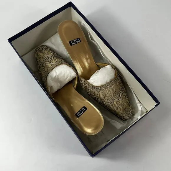 Stuart Weitzman Womens 8B Shoes Heels Slip-On Mules Formal Lacework Brown Gold