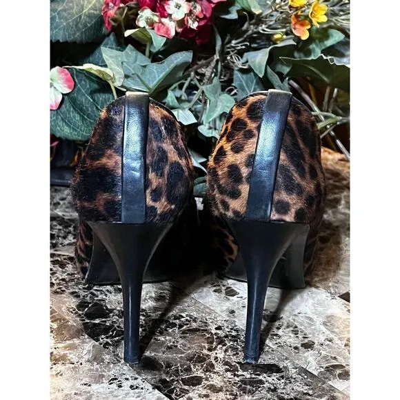 Stuart Weitzman Leopard Print Cowhide Peep Toe Pumps Size 6.5