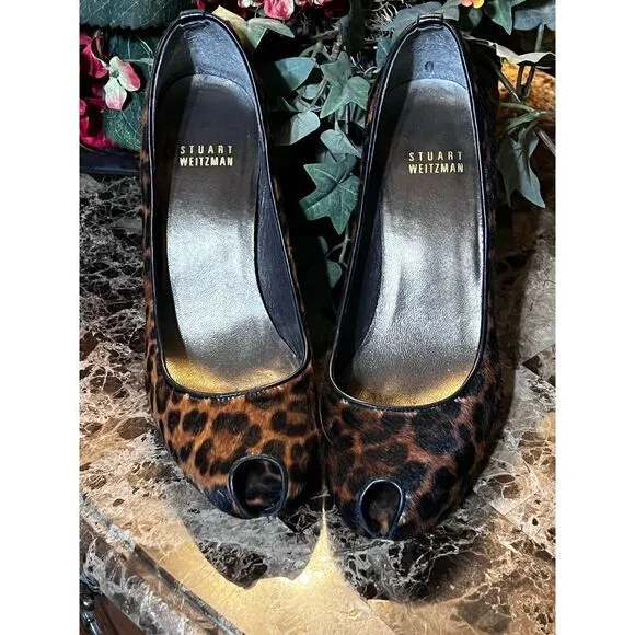 Stuart Weitzman Leopard Print Cowhide Peep Toe Pumps Size 6.5