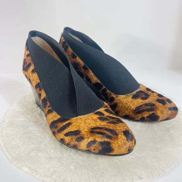Taryn Rose Kelly Suede Mid-Heel Wedges Shoes Black Leopard Print Size 6.5M US