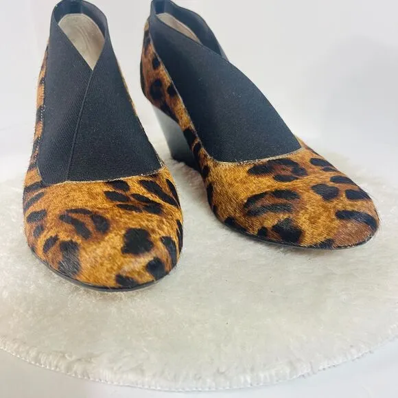 Taryn Rose Kelly Suede Mid-Heel Wedges Shoes Black Leopard Print Size 6.5M US