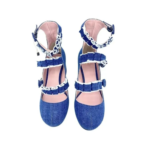 Tipe E Tacchi Blue Denim Mary Jane Heels Shoes Triple Buckle SZ 36 EU 5.5 US NIB