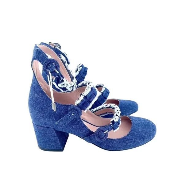 Tipe E Tacchi Blue Denim Mary Jane Heels Shoes Triple Buckle SZ 36 EU 5.5 US NIB