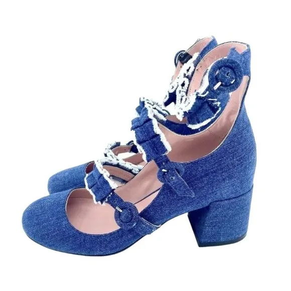 Tipe E Tacchi Blue Denim Mary Jane Heels Shoes Triple Buckle SZ 36 EU 5.5 US NIB
