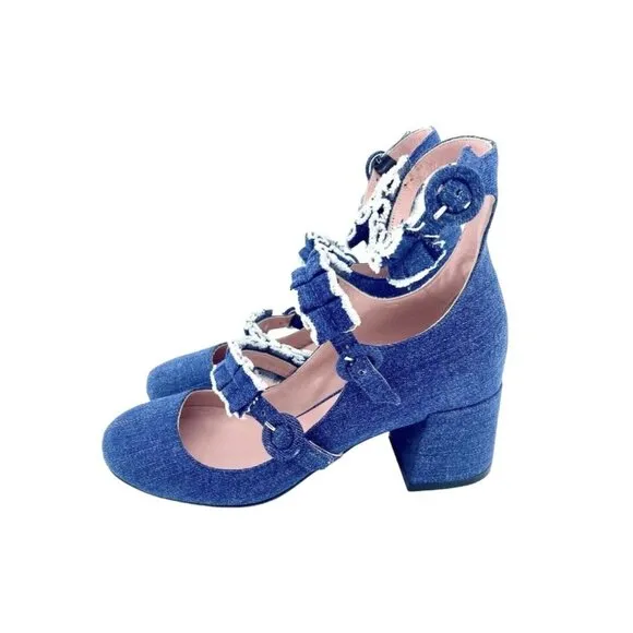 Tipe E Tacchi Blue Denim Mary Jane Heels Shoes Triple Buckle SZ 36 EU 5.5 US NIB