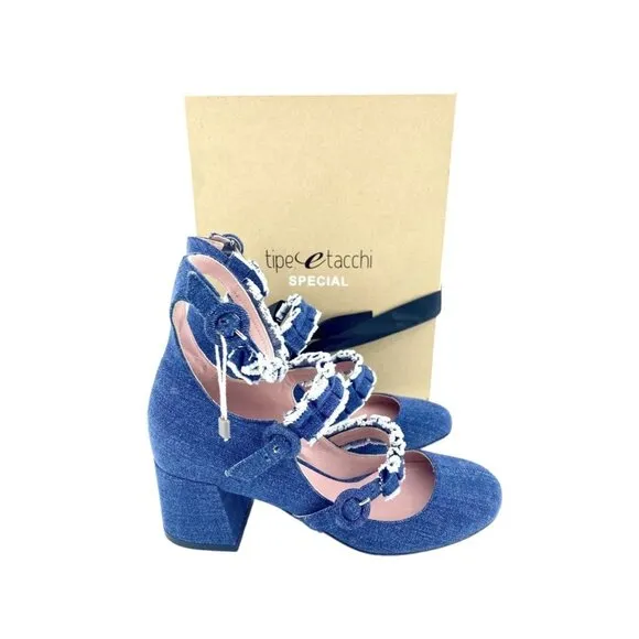 Tipe E Tacchi Blue Denim Mary Jane Heels Shoes Triple Buckle SZ 36 EU 5.5 US NIB