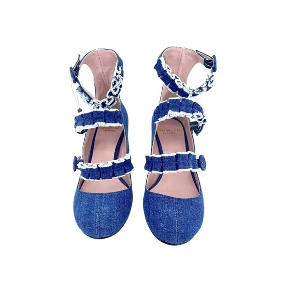 Tipe E Tacchi Blue Denim Mary Jane Heels Shoes Triple Buckle SZ 36 EU 5.5 US NIB