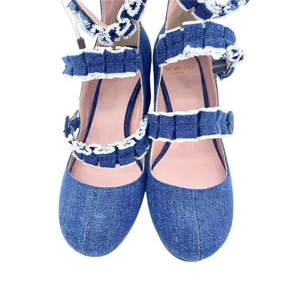 Tipe E Tacchi Blue Denim Mary Jane Heels Shoes Triple Buckle SZ 36 EU 5.5 US NIB