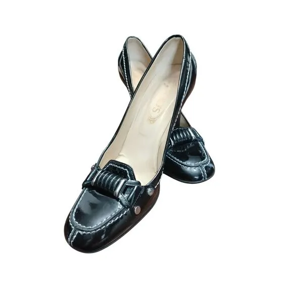 TOD'S Pumps Heels Women's 8.5‎ Black Patent Leather Made In Italy