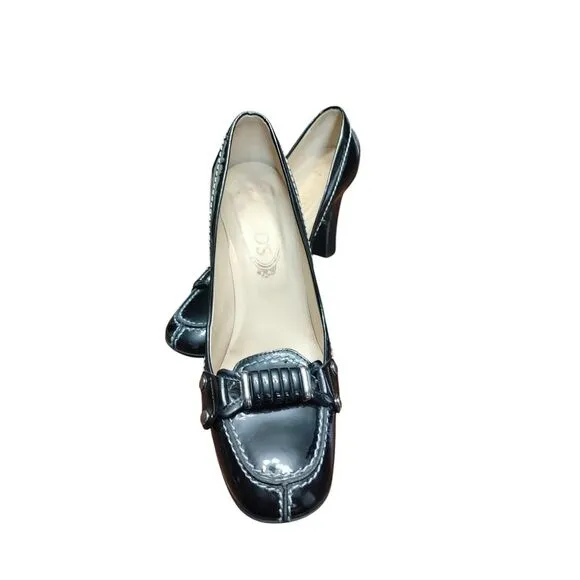 TOD'S Pumps Heels Women's 8.5‎ Black Patent Leather Made In Italy