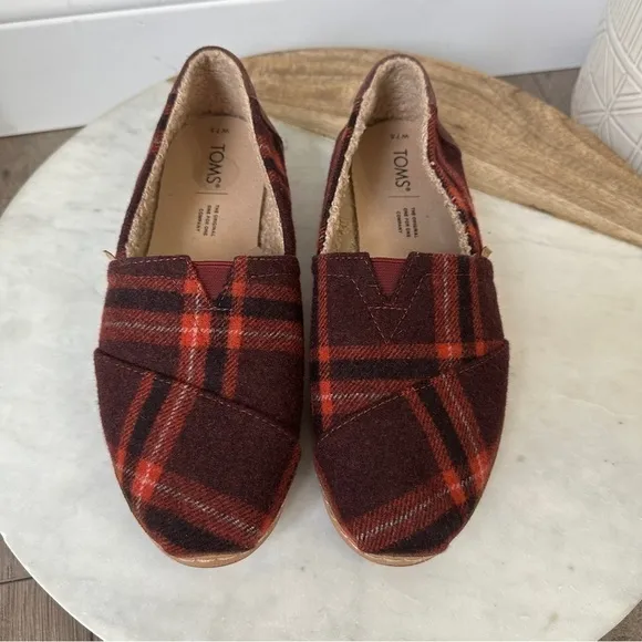 Toms Sherpa Lined Alpargata Buffalo Plaid Wool Slip On Comfort Flats shoes 7.5