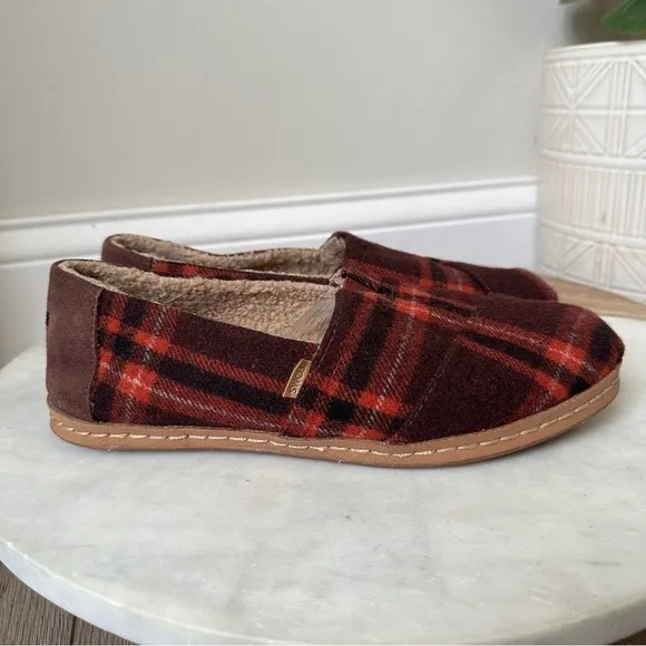 Toms Sherpa Lined Alpargata Buffalo Plaid Wool Slip On Comfort Flats shoes 7.5
