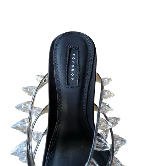 Topshop High Heel Sandals Size 8 EU 39 Black Square Toe Spike Studded Party New