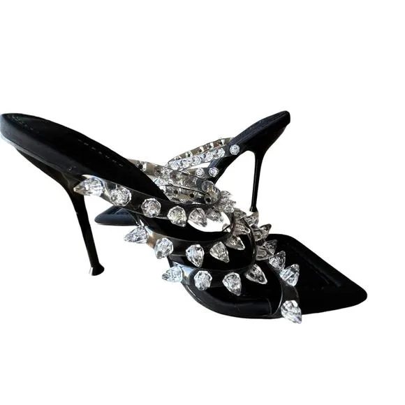 Topshop High Heel Sandals Size 8 EU 39 Black Square Toe Spike Studded Party New