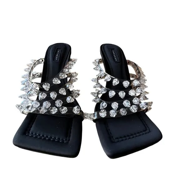 Topshop High Heel Sandals Size 8 EU 39 Black Square Toe Spike Studded Party New