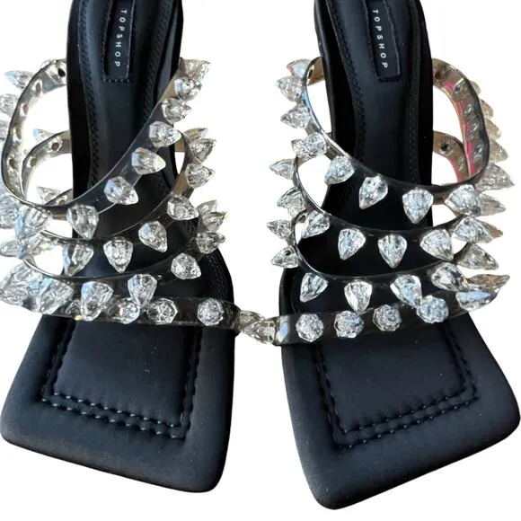 Topshop High Heel Sandals Size 8 EU 39 Black Square Toe Spike Studded Party New
