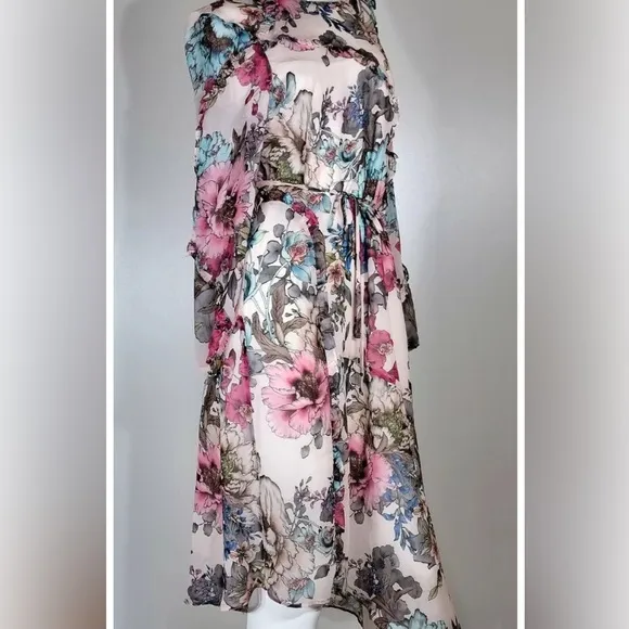Topshop- NWT Pop Ruffle Floral Pink  cream tones MidiDress size 8 sheer chiffon