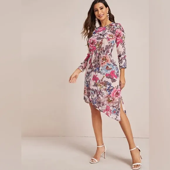 Topshop- NWT Pop Ruffle Floral Pink  cream tones MidiDress size 8 sheer chiffon