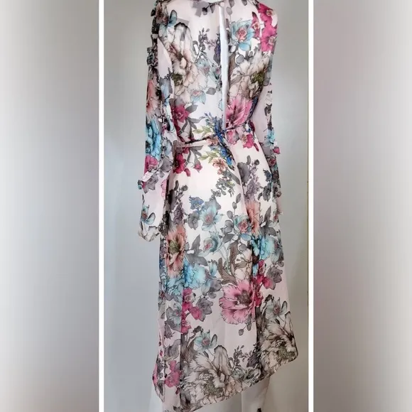 Topshop- NWT Pop Ruffle Floral Pink  cream tones MidiDress size 8 sheer chiffon