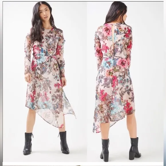 Topshop- NWT Pop Ruffle Floral Pink  cream tones MidiDress size 8 sheer chiffon