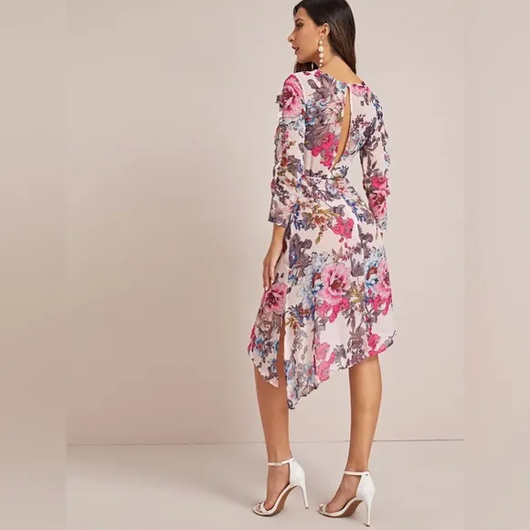 Topshop- NWT Pop Ruffle Floral Pink  cream tones MidiDress size 8 sheer chiffon