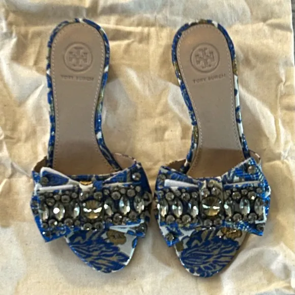 Tory Burch Blue and White Valenyina Bow slide Women's Heels size 5