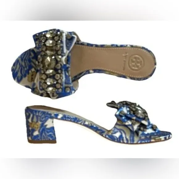 Tory Burch Blue and White Valenyina Bow slide Women's Heels size 5