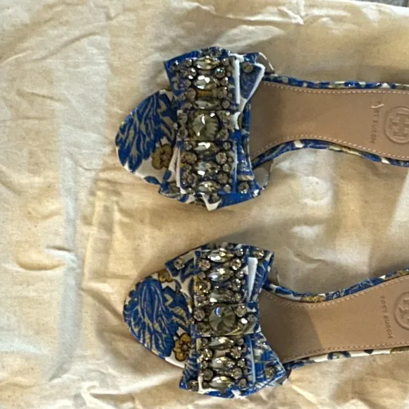 Tory Burch Blue and White Valenyina Bow slide Women's Heels size 5