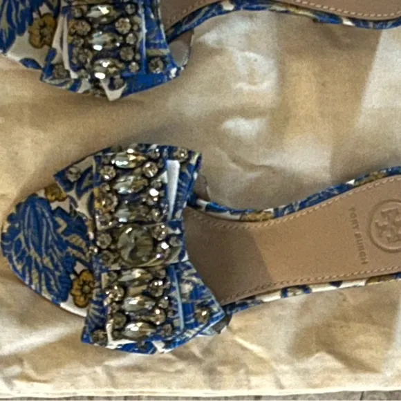 Tory Burch Blue and White Valenyina Bow slide Women's Heels size 5
