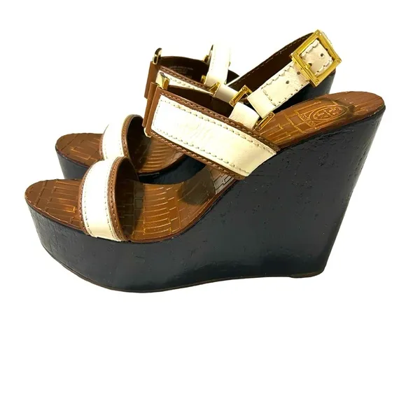 Tory Burch Carlee Wedge sandals women’s 10m 5” heels Barbie preppy party classic