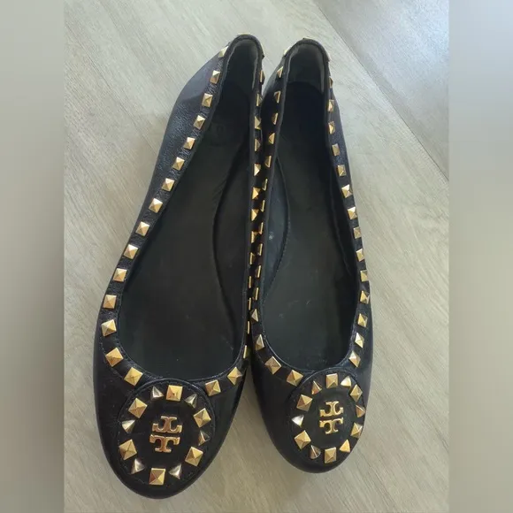 TORY BURCH DALE STUDDED BALLERINA LEATHER BALLET FLATS SHOES Sz 8 M