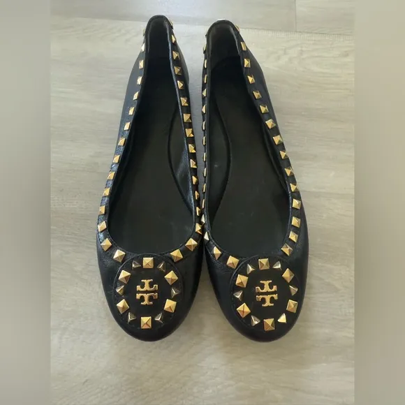 TORY BURCH DALE STUDDED BALLERINA LEATHER BALLET FLATS SHOES Sz 8 M