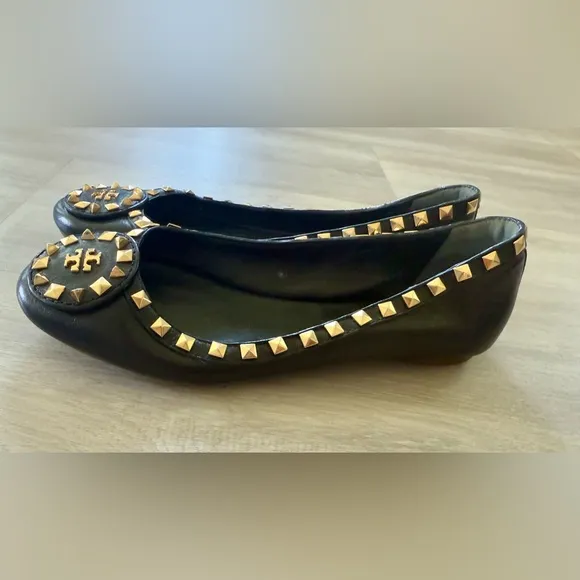 TORY BURCH DALE STUDDED BALLERINA LEATHER BALLET FLATS SHOES Sz 8 M