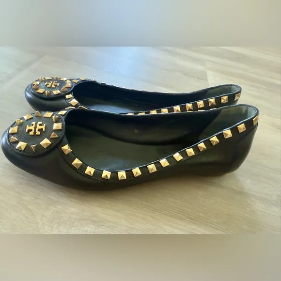 TORY BURCH DALE STUDDED BALLERINA LEATHER BALLET FLATS SHOES Sz 8 M