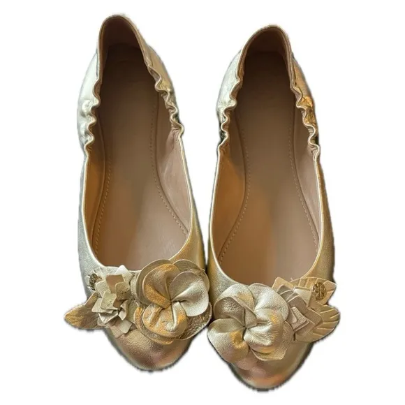 Tory Burch Elegant Gold Floral Women's Flats, Size 7.5