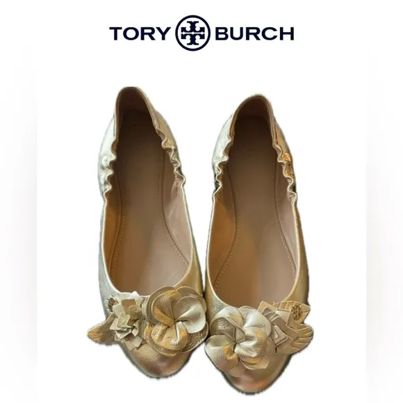 Tory Burch Elegant Gold Floral Women's Flats, Size 7.5