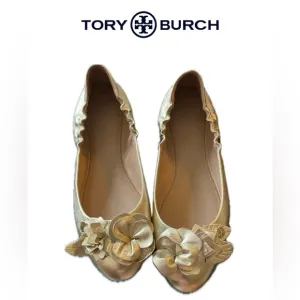 Tory Burch Elegant Gold Floral Women's Flats, Size 7.5