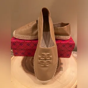 Tory Burch Everly Signature Logo Nappa Leather Espadrille Flat Shoes New Sz-11