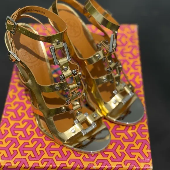 Tory Burch Francesca Gold Gladiator Heels size 5.5 with Box