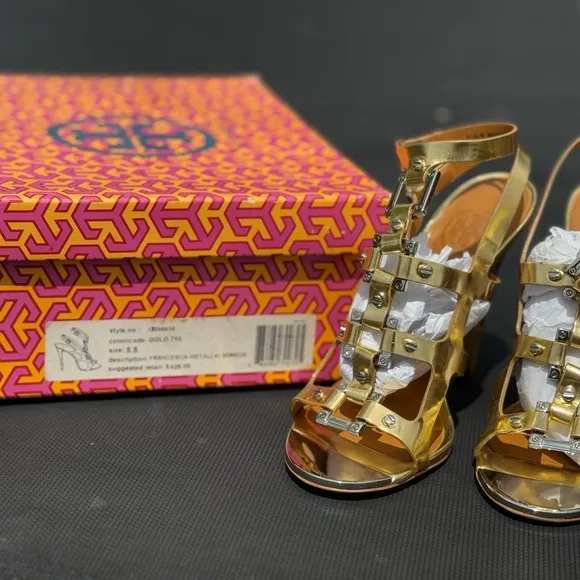 Tory Burch Francesca Gold Gladiator Heels size 5.5 with Box