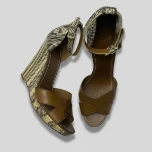 TORY BURCH Livia Genuine Snakeskin Wedge Sandal Brown Roccia Heels Size 9